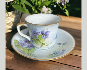 Vintage Limoge Purple Floral Hand Painted Porcelain Tea Cup with Saucer, Gold Ri
